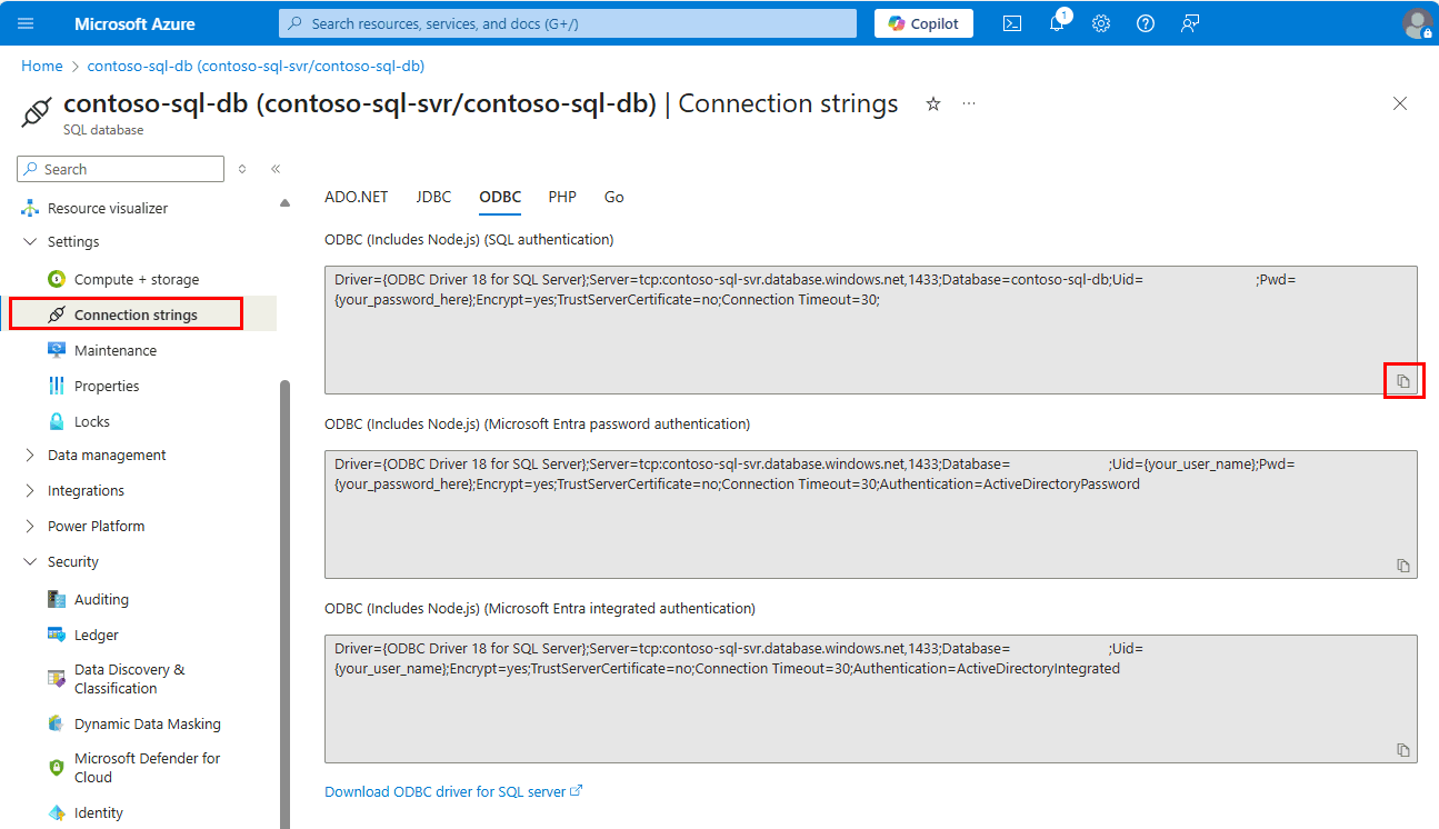 ODBC Bağlantı Dizesinin Azure portalındaki ekran görüntüsü.