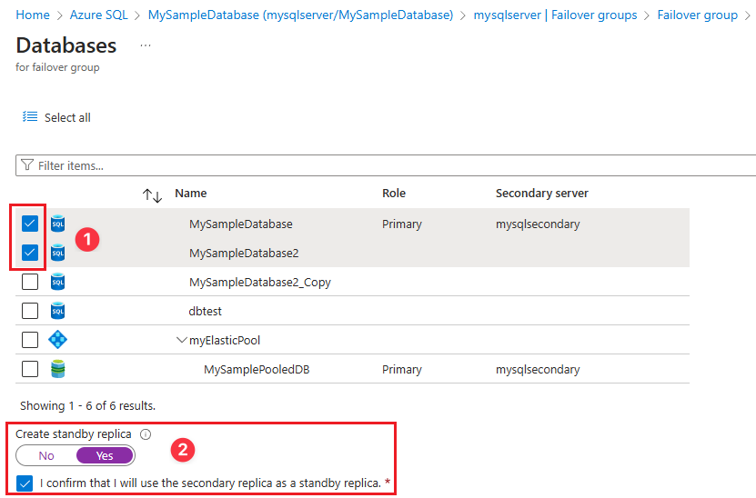 Azure portalında yük devretme grubu için veritabanları bölmesinin ekran görüntüsü.