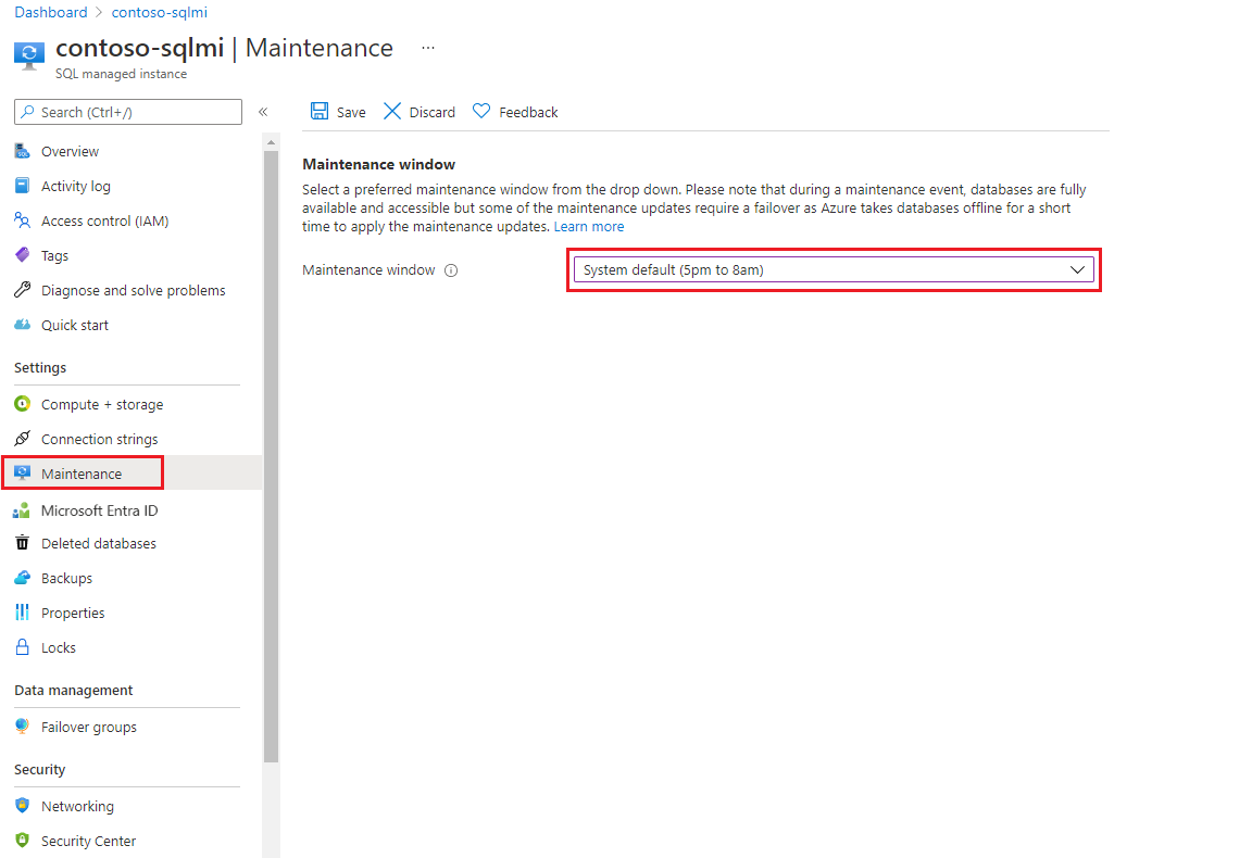 Screenshot of the SQL managed instance Maintenance page