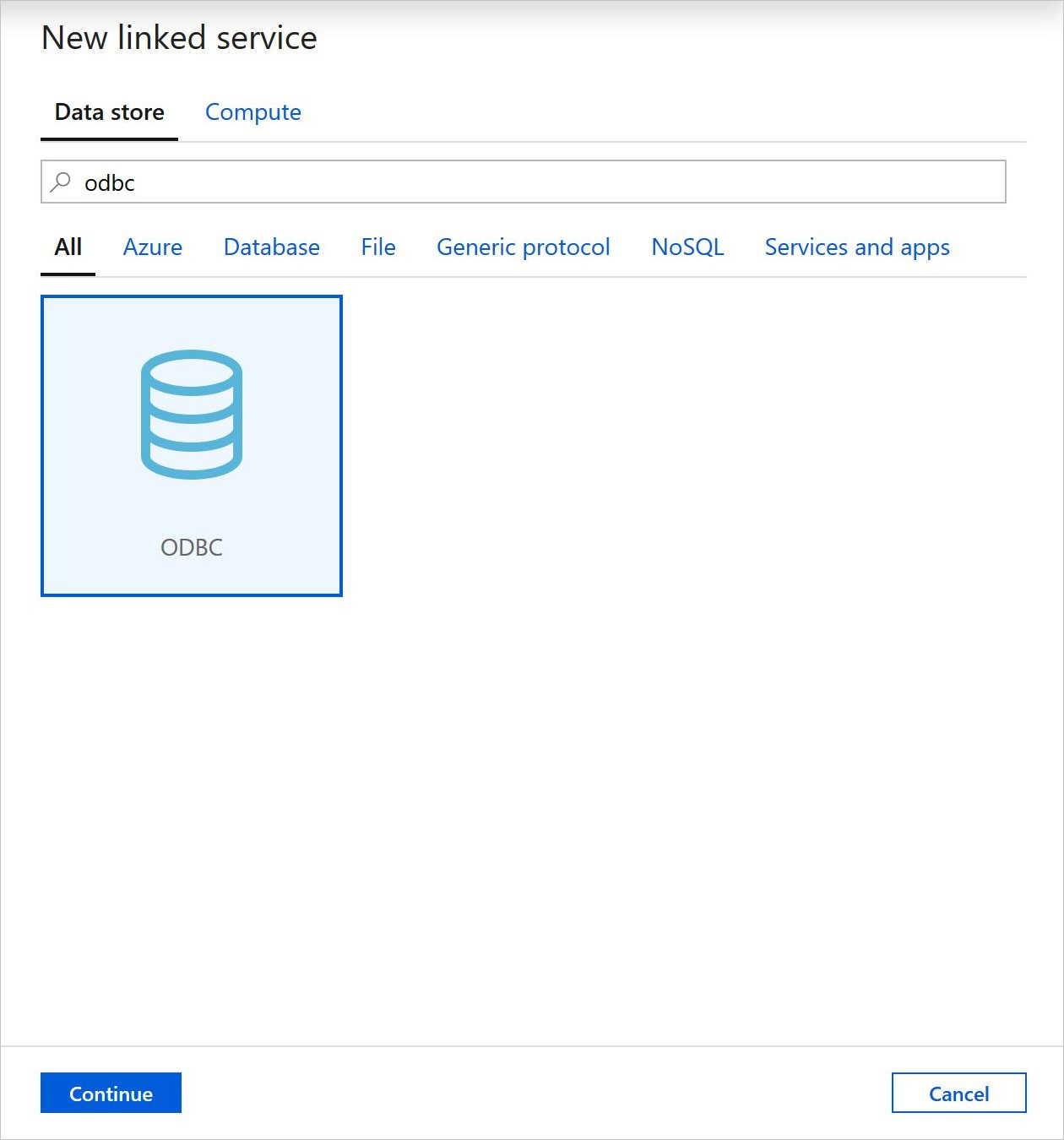 Azure Data Factory bağlı hizmetler dikey penceresinde ODBC bağlayıcısı logosunu gösteren ekran görüntüsü