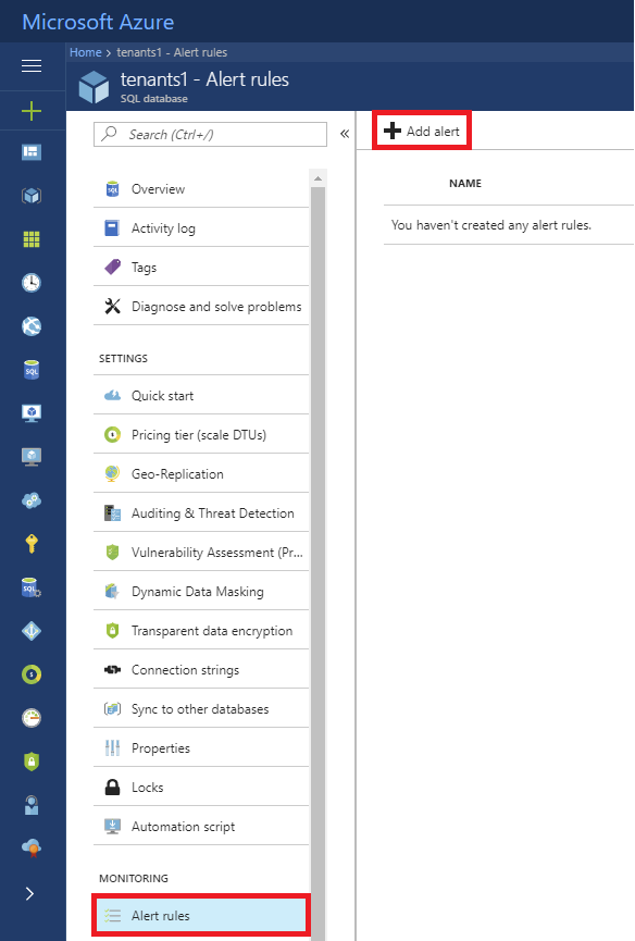 A screenshot from the Azure portal. UnderMonitoring and Alert Rules, the Add alert page is shown.