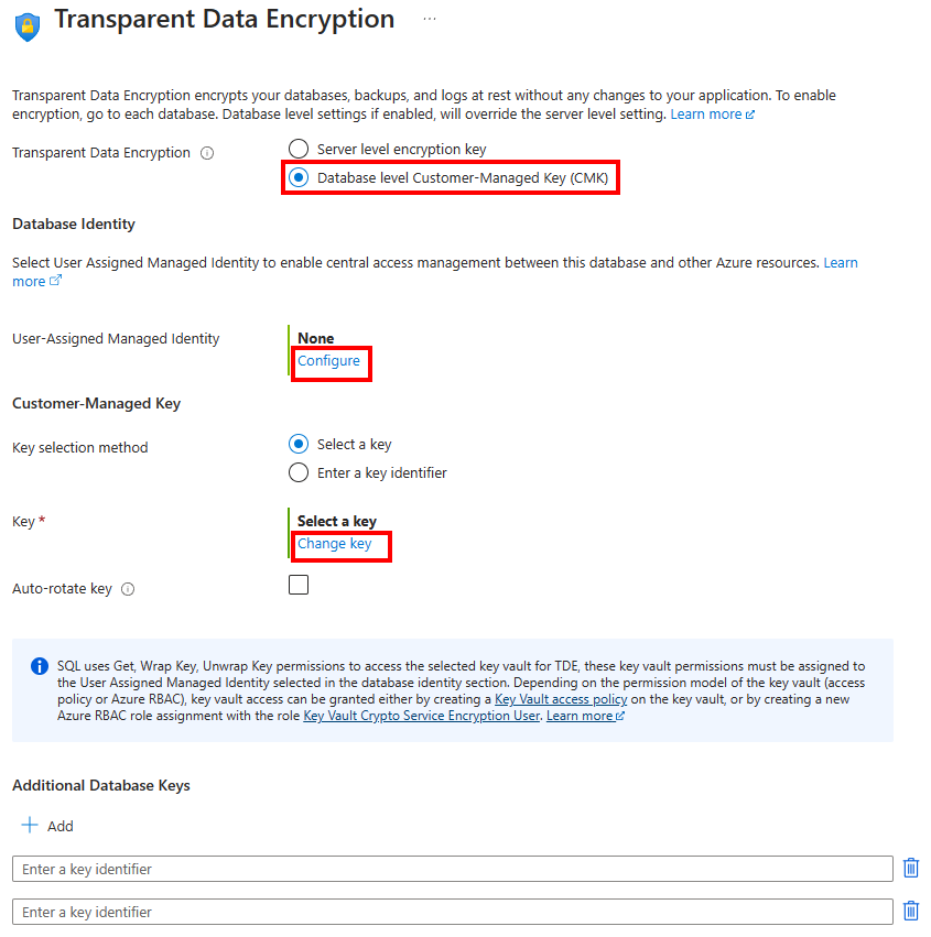 Azure portalı saydam veri şifreleme menüsünün ekran görüntüsü.