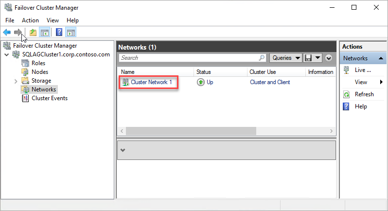 Screenshot that shows a cluster network name in Failover Cluster Manager.