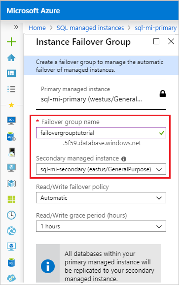 Screenshot to create failover group in Azure portal.