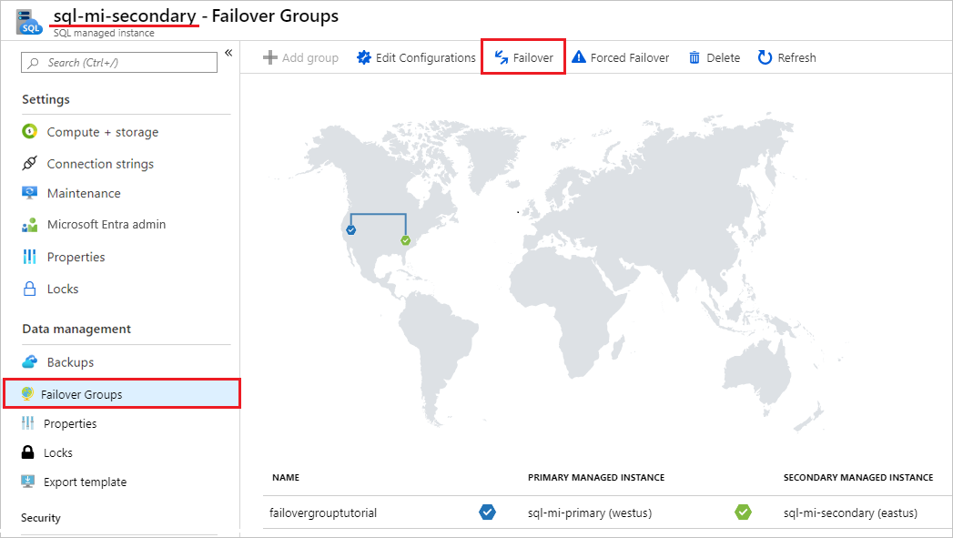 Screenshot to fail over the failover group in Azure portal.