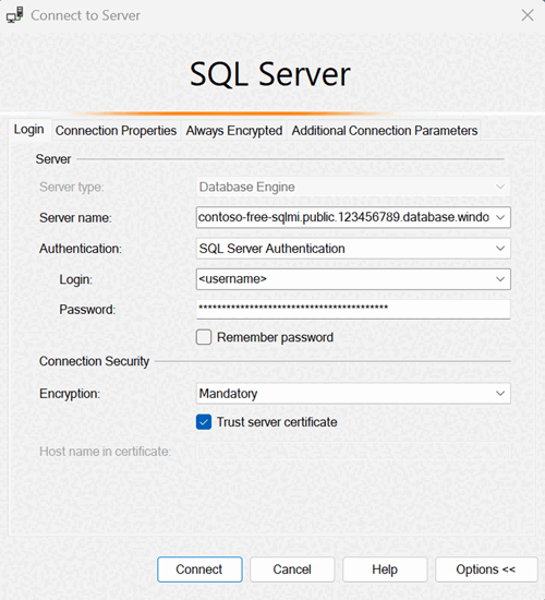 SQL Server Management Studio'da Sunucuya Bağlan iletişim kutusunun ekran görüntüsü.
