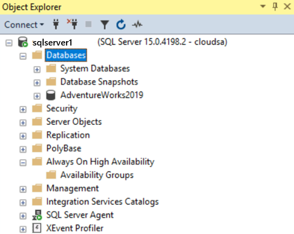 S S M S'de SQL Server veritabanını gösteren ekran görüntüsü.