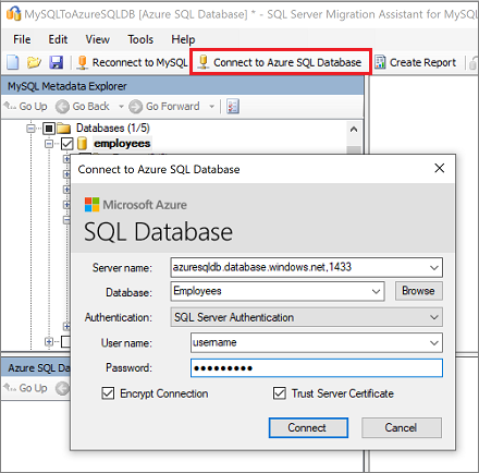 MySQL için SSMA'daki 'Azure SQL Veritabanına Bağlan' bölmesinin ekran görüntüsü.