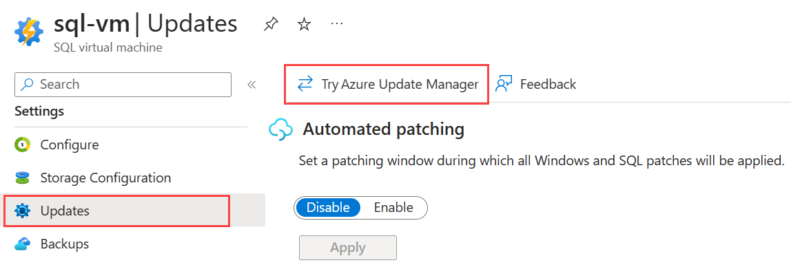 Azure portalda Windows SQL sanal makineleri kaynağının Güncelleştirmeler sayfasının ekran görüntüsü ve Azure Update Manager'i Deneyin vurgulanmış.