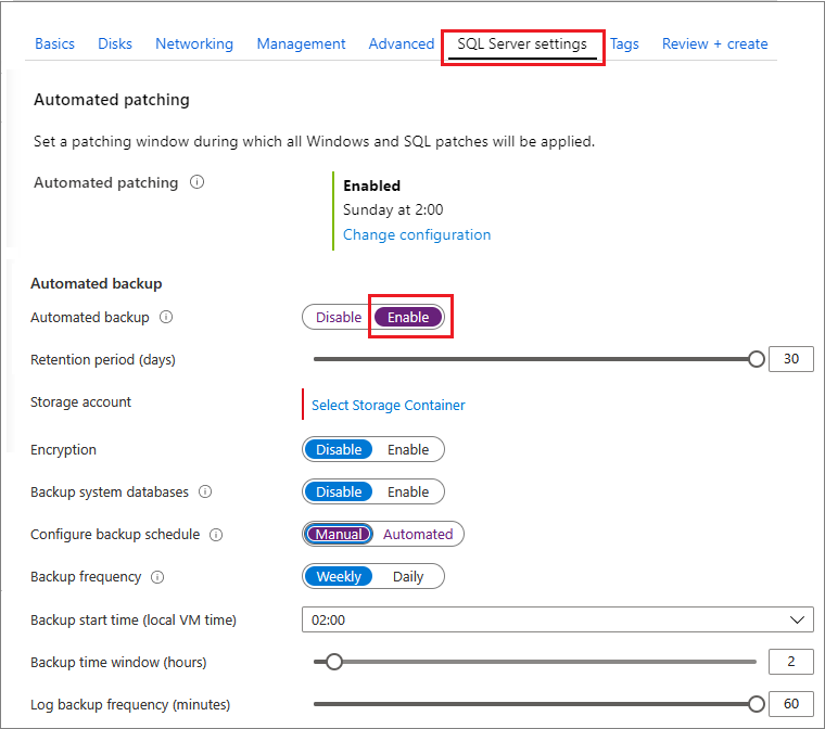 Azure portalında Otomatik Yedekleme yapılandırmasının ekran görüntüsü.