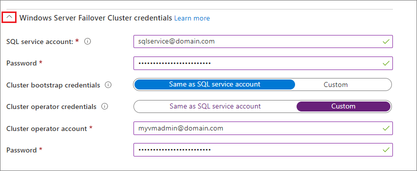 SQL Hizmeti hesabı, küme işleci hesabı ve küme önyükleme hesabı için kimlik bilgilerini sağlayın