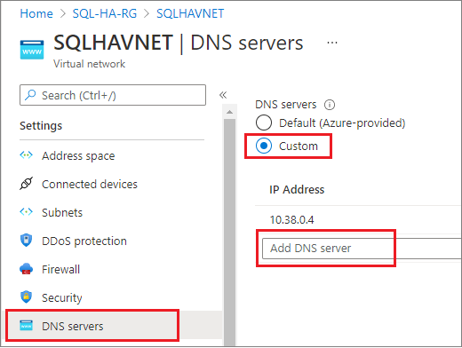  Ayarlar bölmesinin altında DNS sunucuları'nı ve ardından Özel'i seçin. Daha önce IP Adresi alanına tanımladığınız özel IP adresini girin( örneğin, 10.38.0.4). 