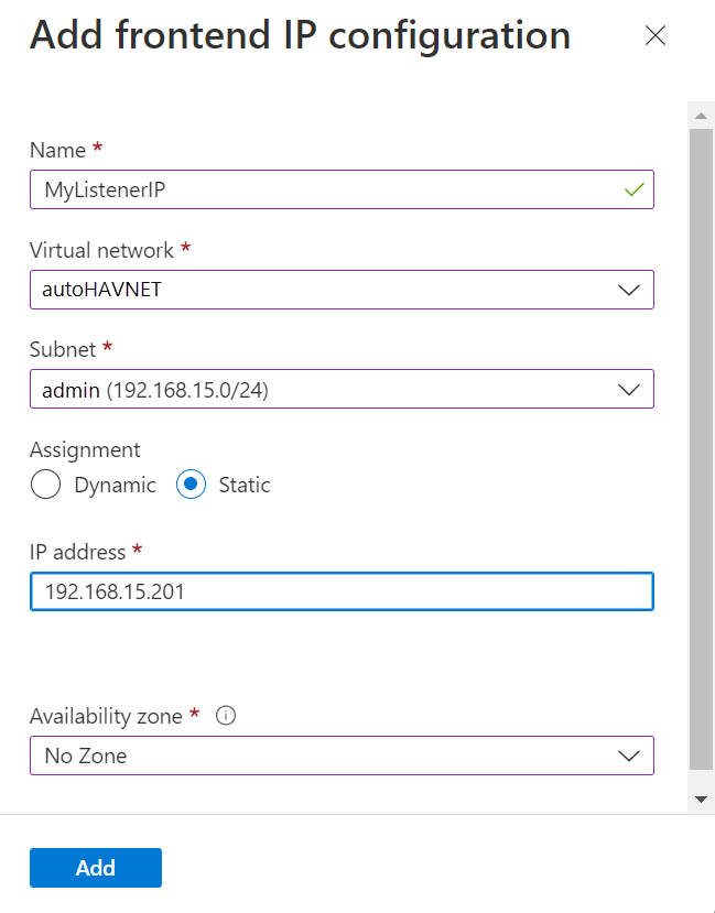 Azure portalının ön uç IP yapılandırması ekleme sayfasının ekran görüntüsü.