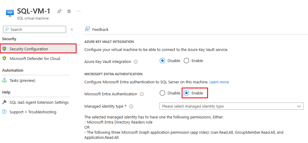 Microsoft Entra kimlik doğrulamasının seçili olduğu Azure portalında SQL VM güvenlik yapılandırması sayfasının ekran görüntüsü.