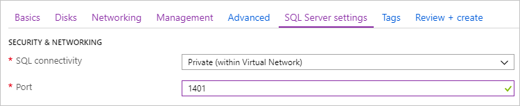 SQL VM Güvenliği'nin Azure portalından ekran görüntüsü.