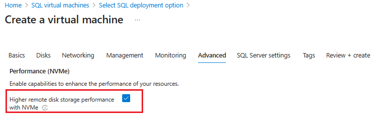 Azure portalında SQL VM'nizi oluştururken NVMe'yi etkinleştirme işleminin ekran görüntüsü.