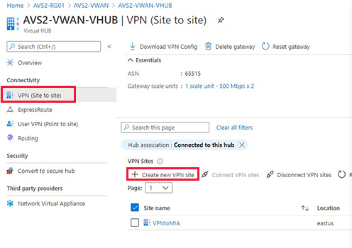 VPN (siteden siteye) ve Yeni VPN sitesi oluştur'un seçili olduğu sanal hub'ın Genel Bakış sayfasının ekran görüntüsü.