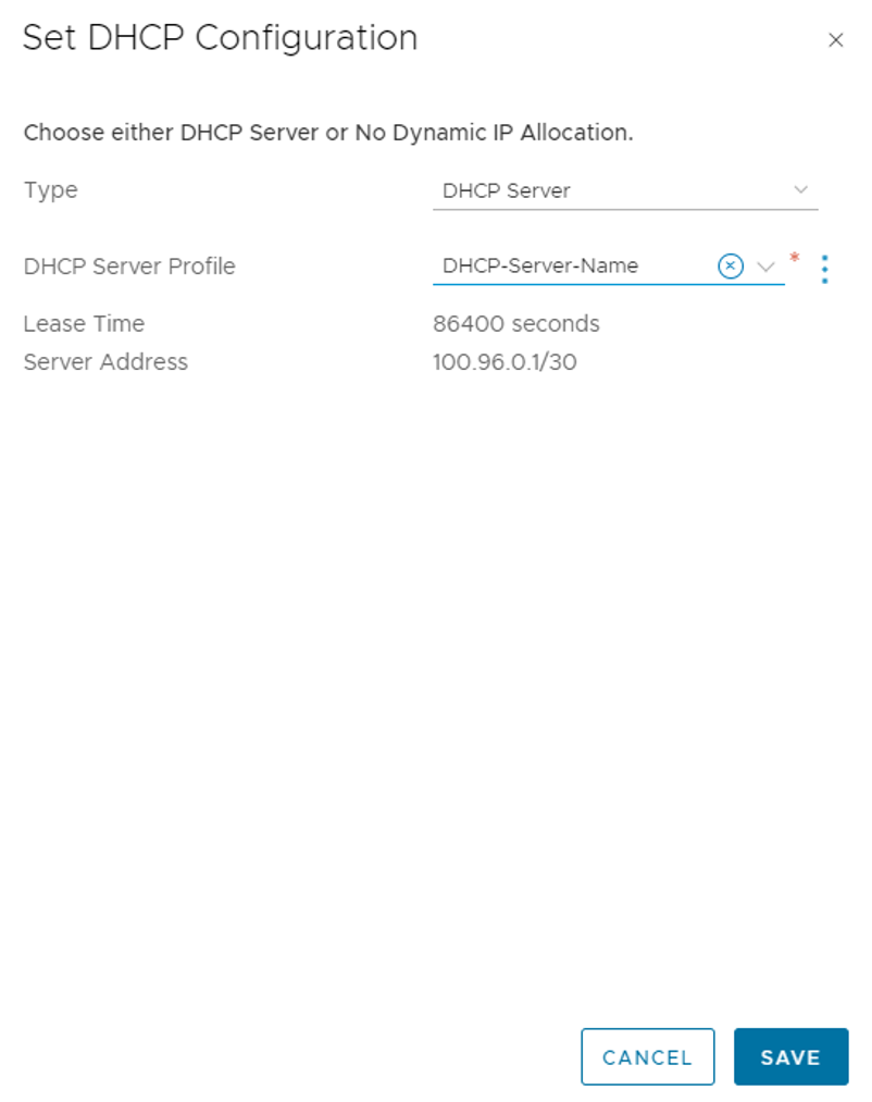 DHCP sunucusu kullanmak için NSX Katman 1 Ağ Geçidini düzenlemeyi gösteren ekran görüntüsü.