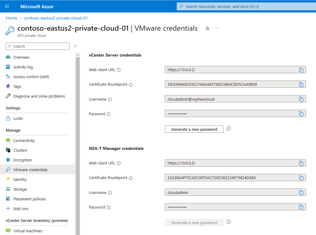 Azure portalında özel bulut vCenter ve NSX Yöneticisi URL'lerini ve kimlik bilgilerini gösteren ekran görüntüsü.