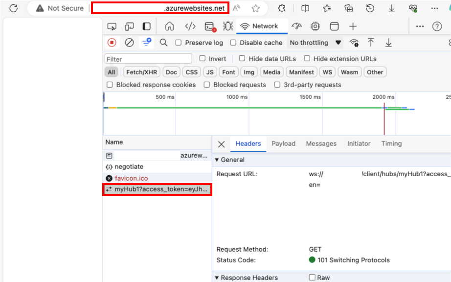 Screenshot showing successfully established a WebSocket connection through Application Gateway.