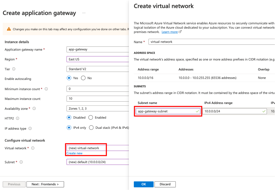 Screenshot showing how to create an Application Gateway resource - basics.