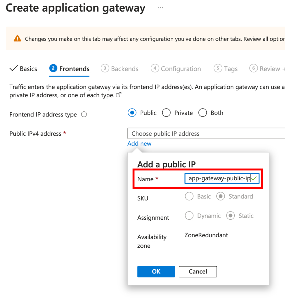 Screenshot showing how to create an Application Gateway resource - create public IP.