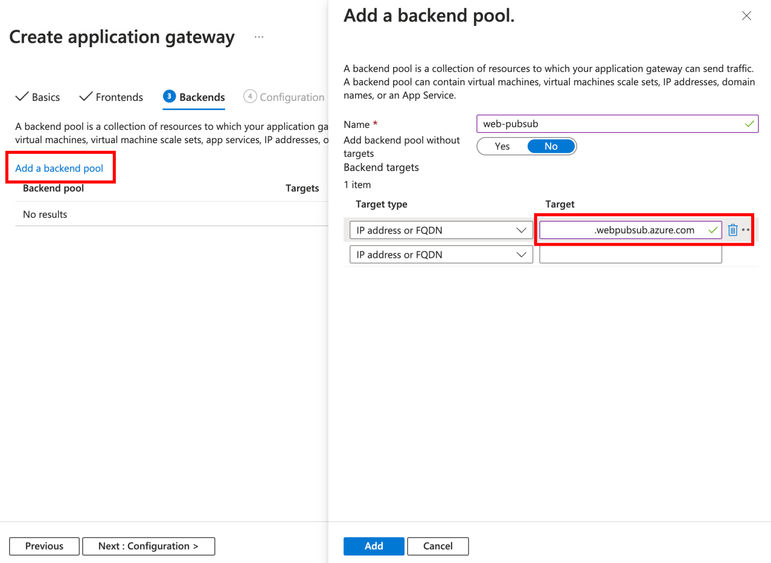 Screenshot showing how to create an Application Gateway resource - create a backend pool.