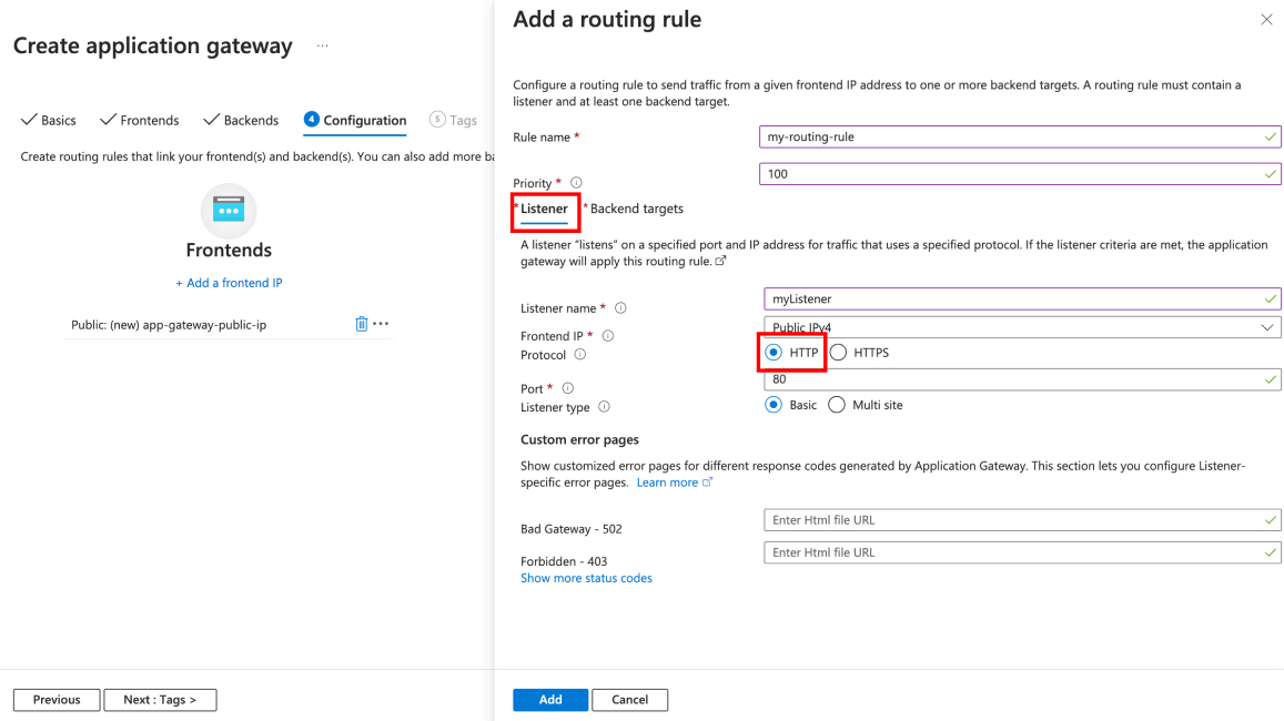 Screenshot showing how to create an Application Gateway resource - create a routing rule, listener.