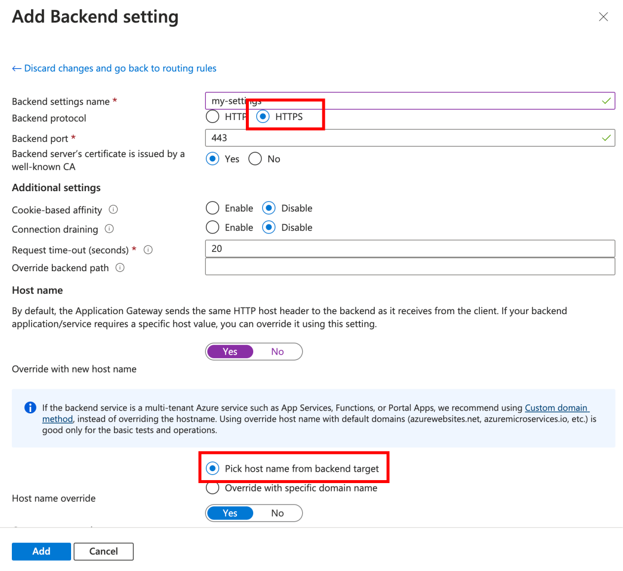 Screenshot showing how to create an Application Gateway resource - create a routing rule, backend settings.