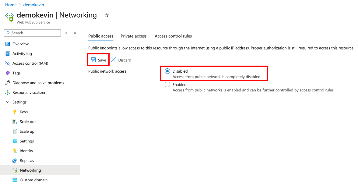 Screenshot showing how to disable public access of Web PubSub.