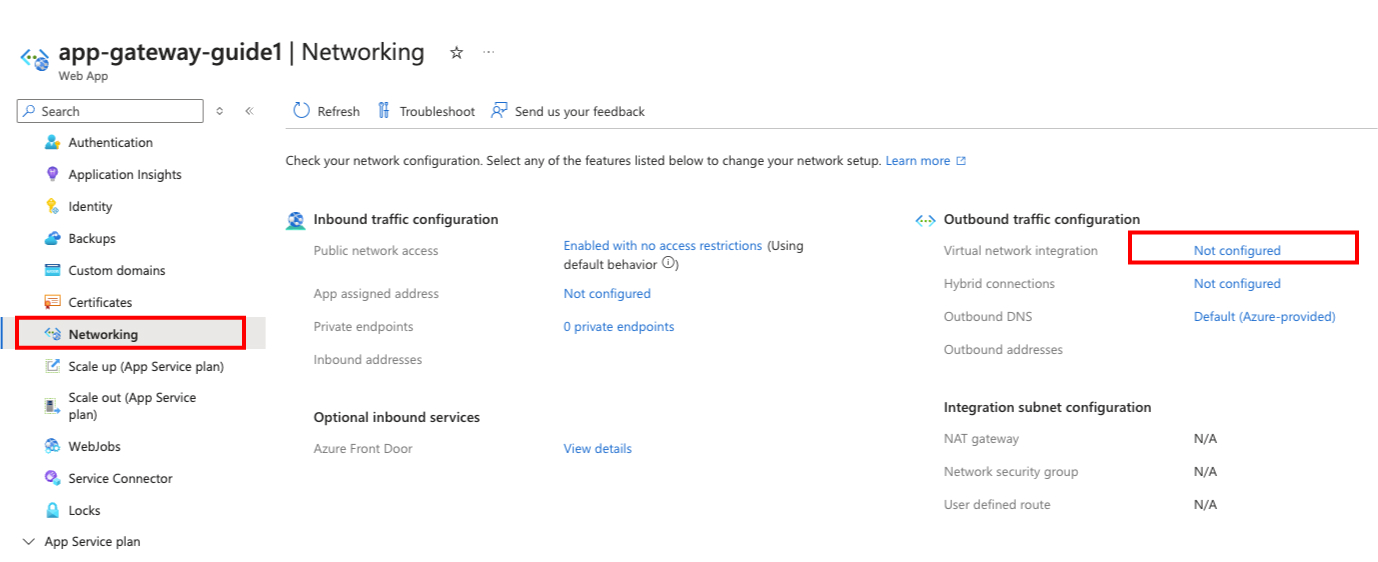 Screenshot showing how to enable Virtual Network integration - step 1.