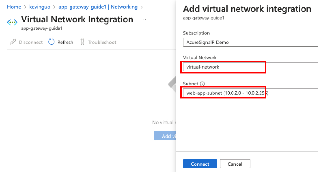  Screenshot showing how to enable Virtual Network integration - step 2.