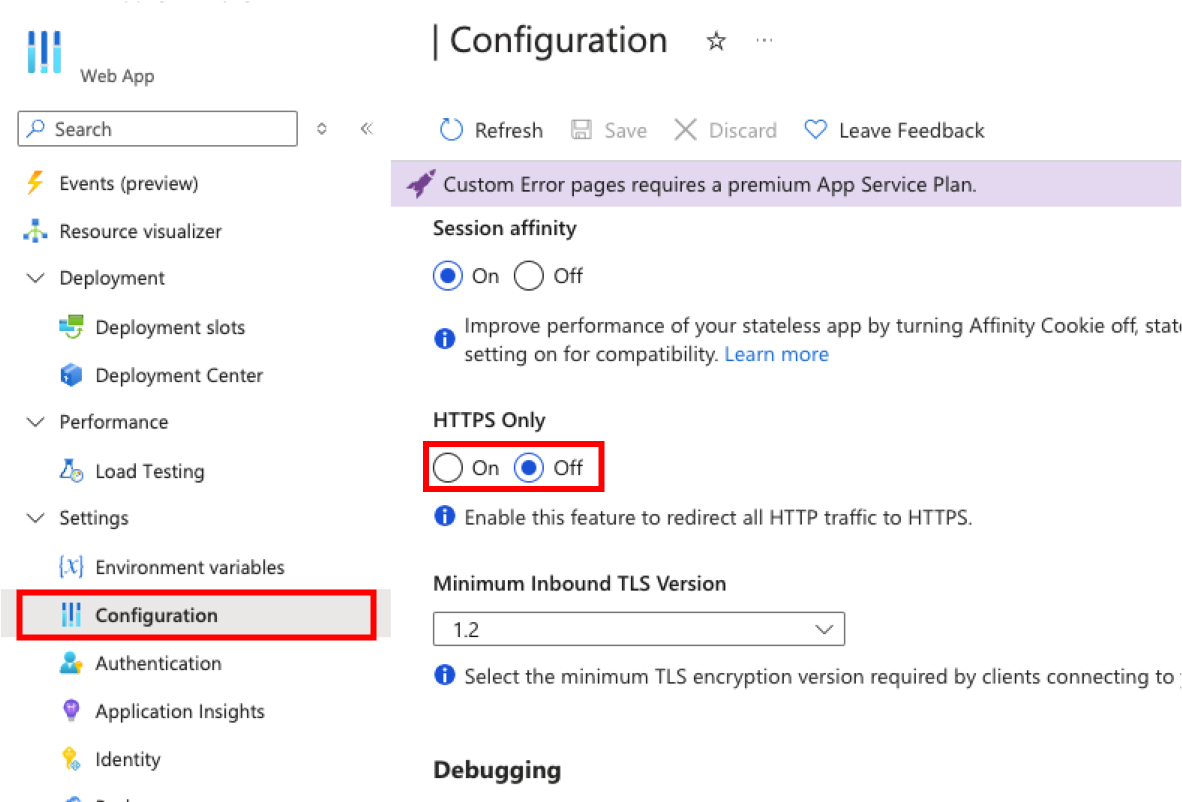 Screenshot showing how to turn off automatic HTTPS redirect.