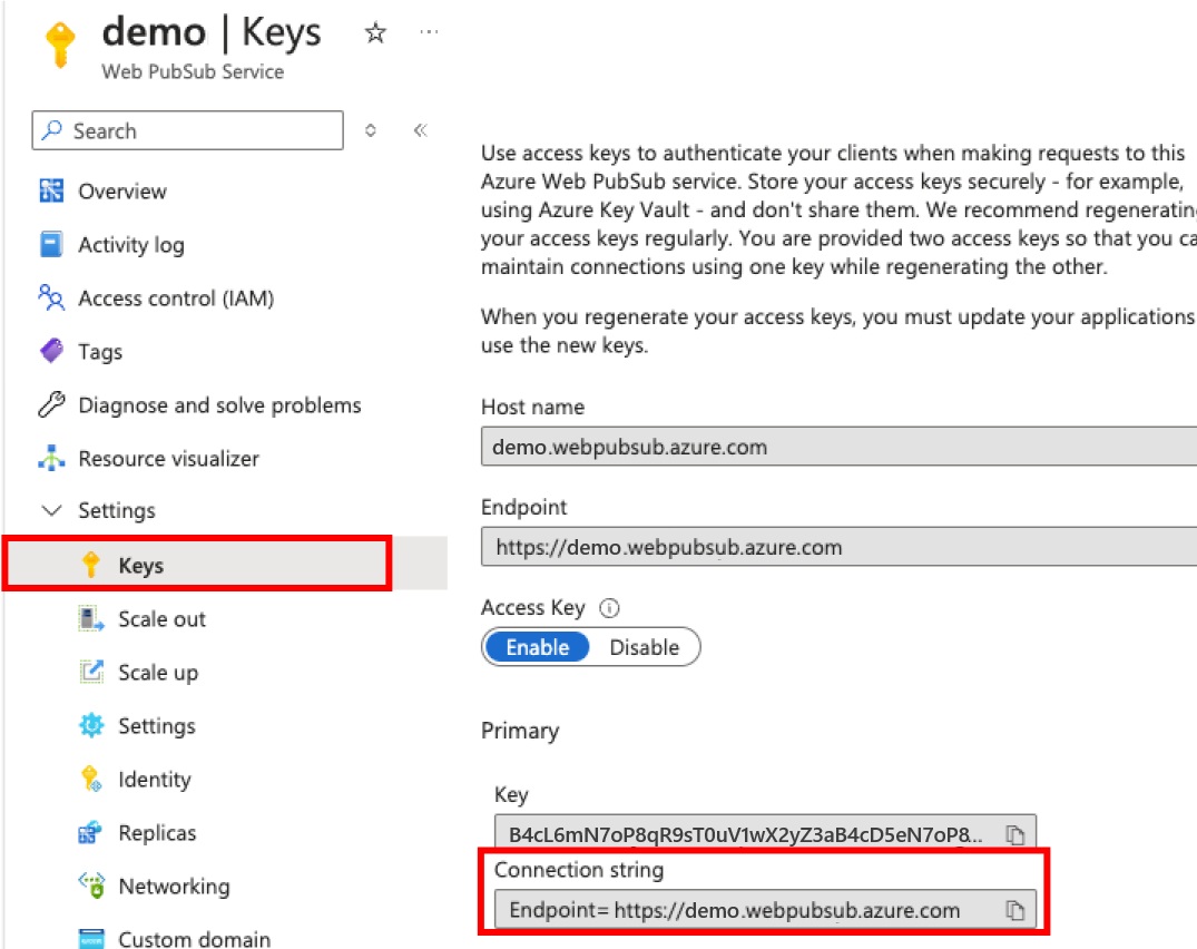 Screenshot showing how to get the connection string of a Web PubSub resource.