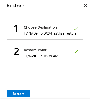 Screenshot that shows the 'Restore' menu for selecting a specific restore point.
