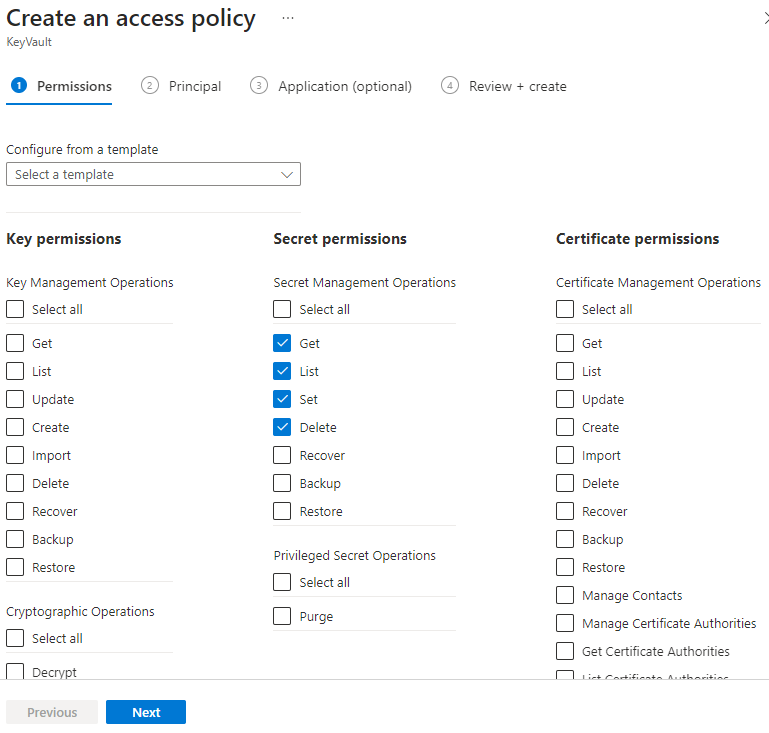 Azure Batch için Gizli dizi izinleri seçimlerinin ekran görüntüsü