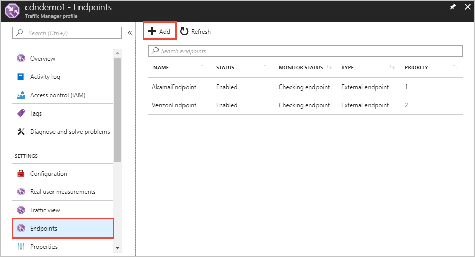 İçerik teslim ağı Traffic Manager uç noktalarının ekran görüntüsü.