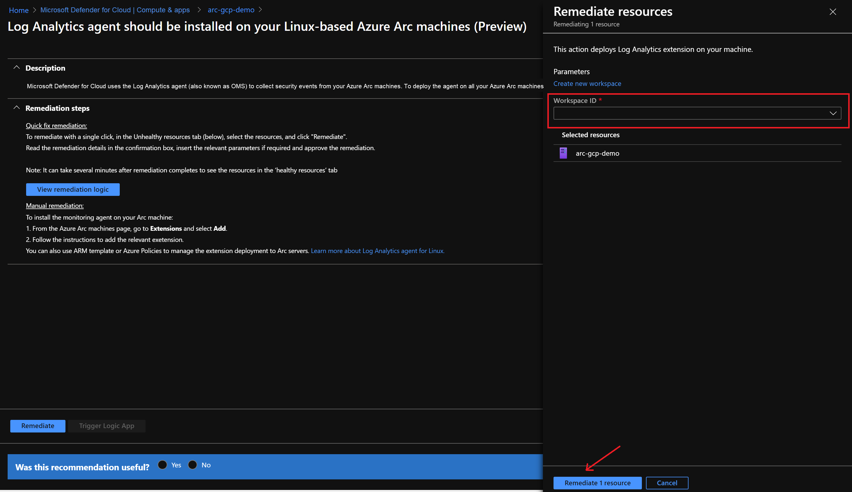A screenshot of how to trigger a remediation step in Microsoft Defender for Cloud.