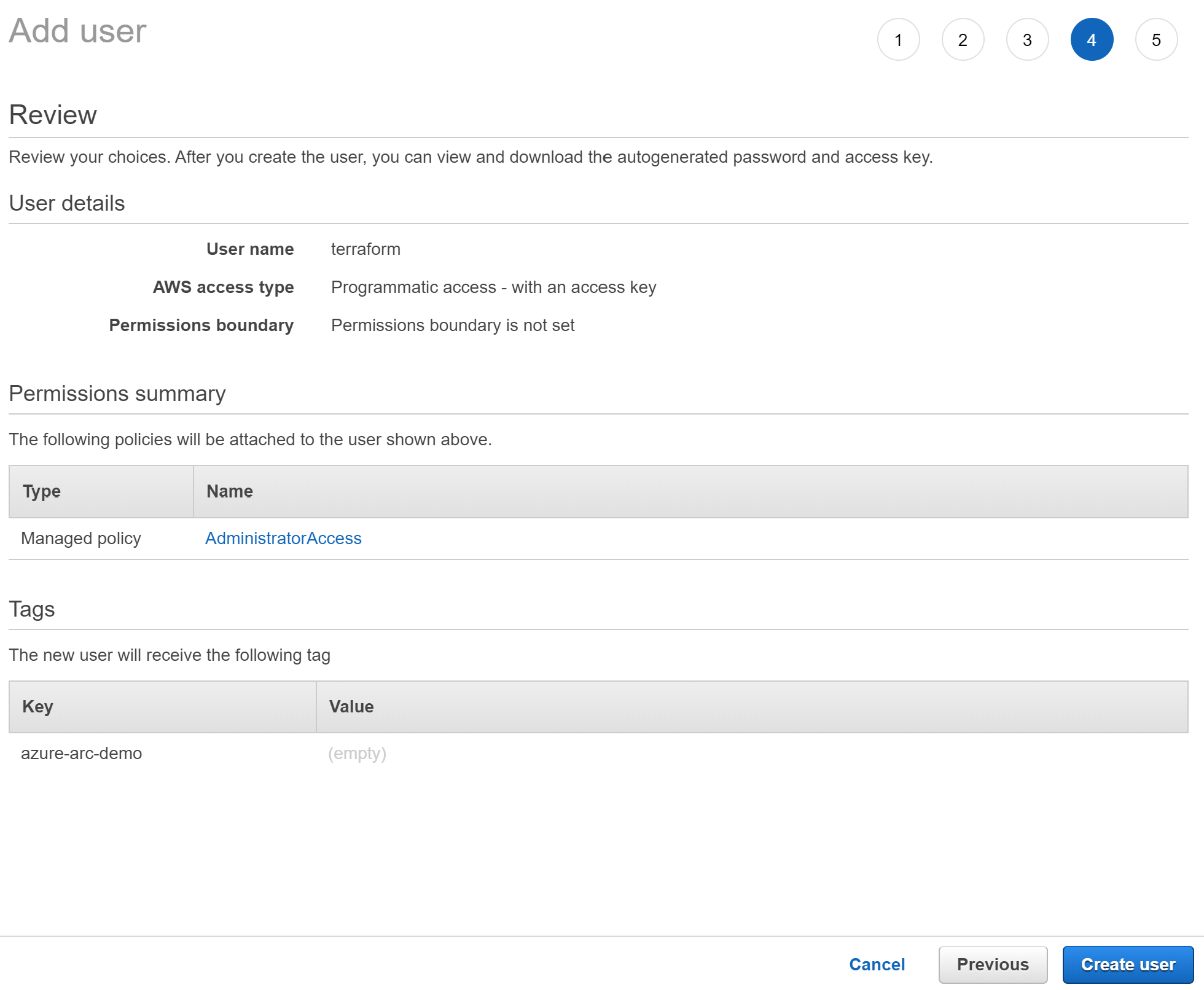 Fourth screenshot of how to create a new user in an AWS cloud console.