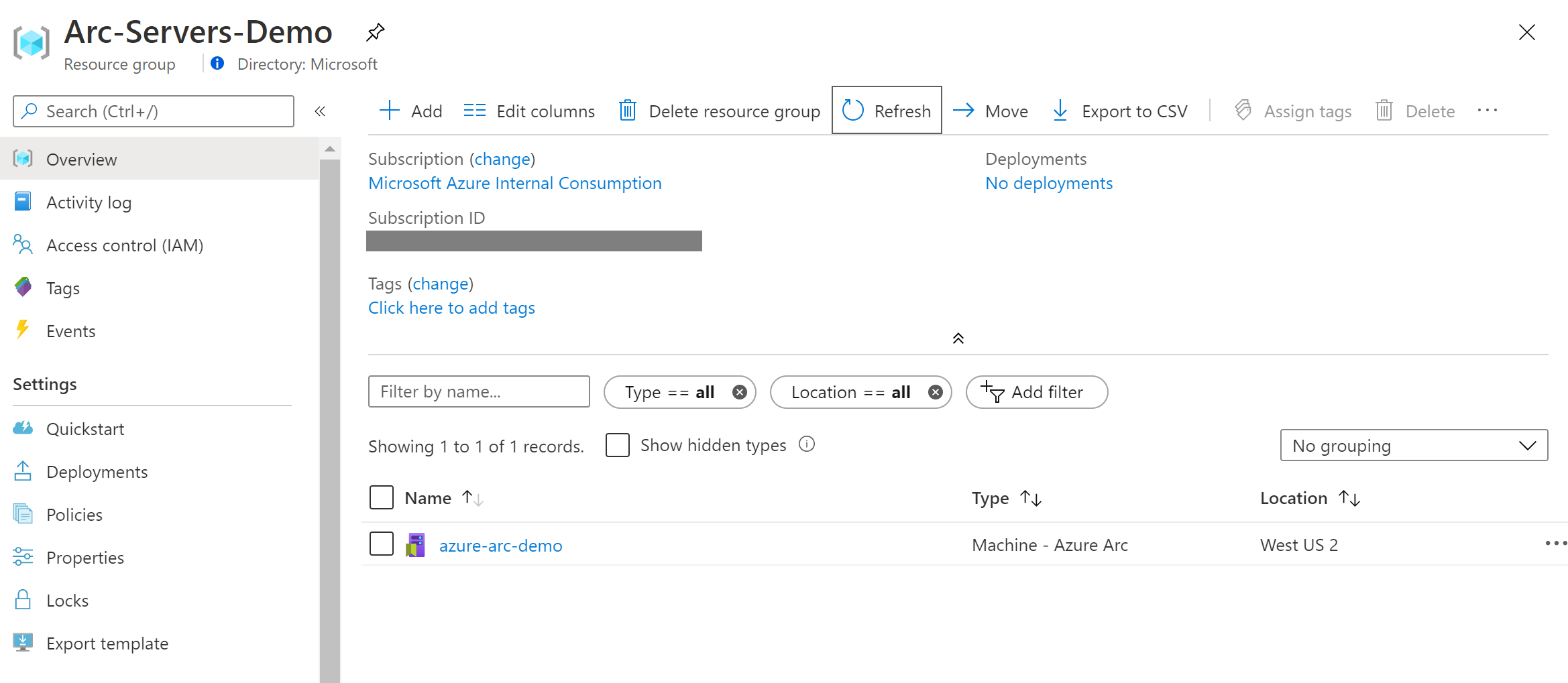 A screenshot showing an Azure Arc-enabled server in the Azure portal.