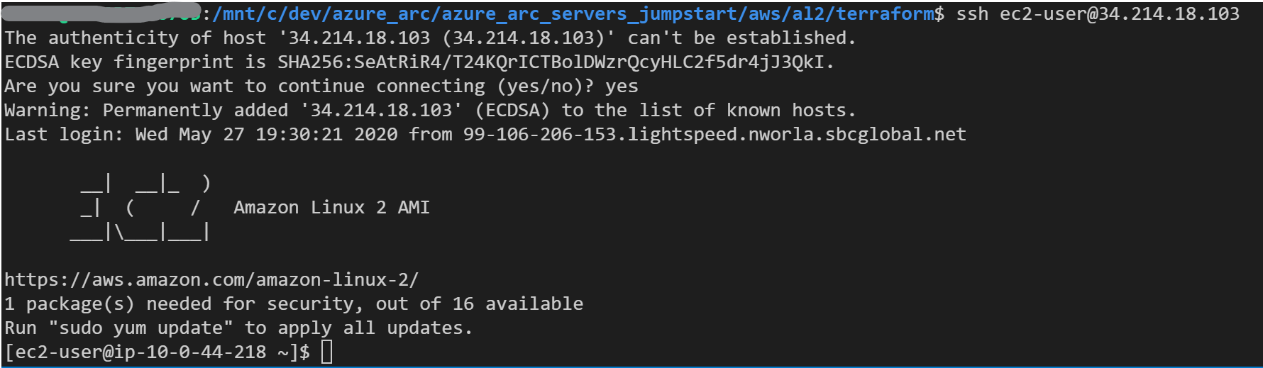 A screenshot of an SSH key connecting to an EC2 server.