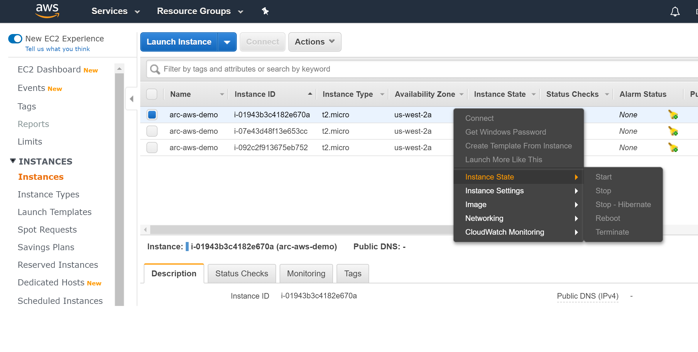 A screenshot of how to terminate an instance in the AWS console.