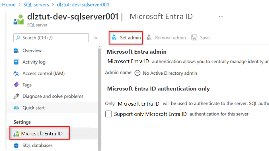 Azure SQL Veritabanı Server'daki Microsoft Entra bölmesini gösteren ekran görüntüsü.