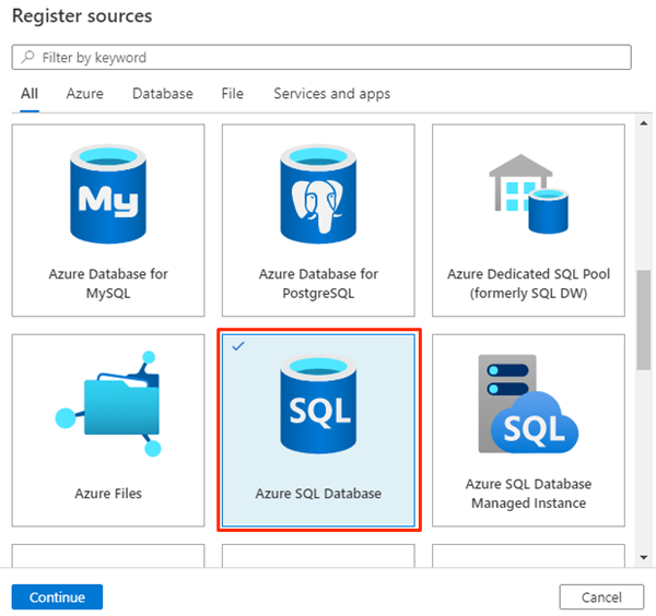 Azure SQL Veritabanı kayıt kaynağını gösteren ekran görüntüsü.