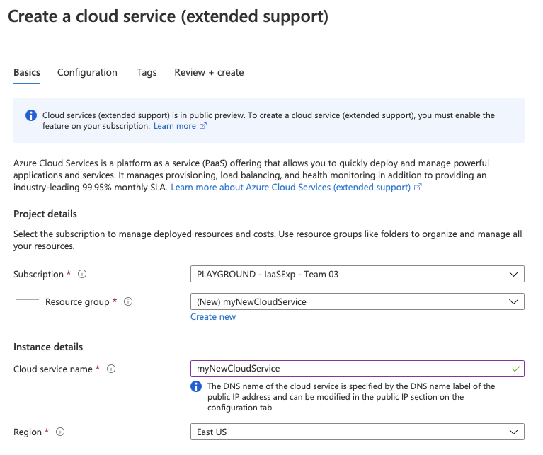 Görüntüde Cloud Services (genişletilmiş destek) Temel Bilgiler sekmesi gösterilmektedir.