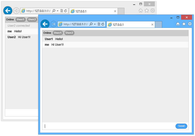 User1 ve User2'den gelen sohbet iletilerini görüntüleyen iki tarayıcı penceresi