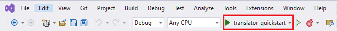 Visual Studio'da programı çalıştır düğmesinin ekran görüntüsü.