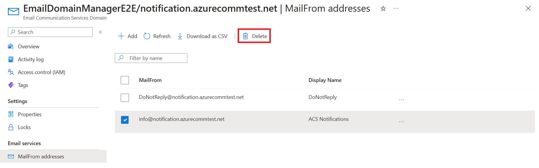 Silme ile MailFrom adresler listesini gösteren ekran görüntüsü.