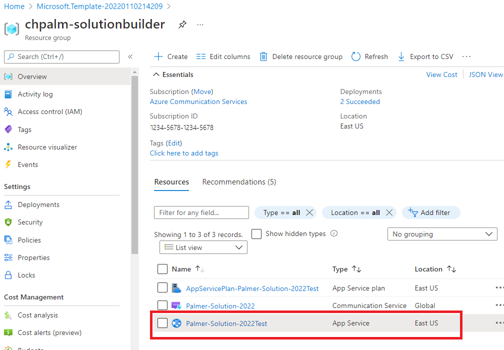 Azure portalında oluşturulan azure kaynaklarının ekran görüntüsü.