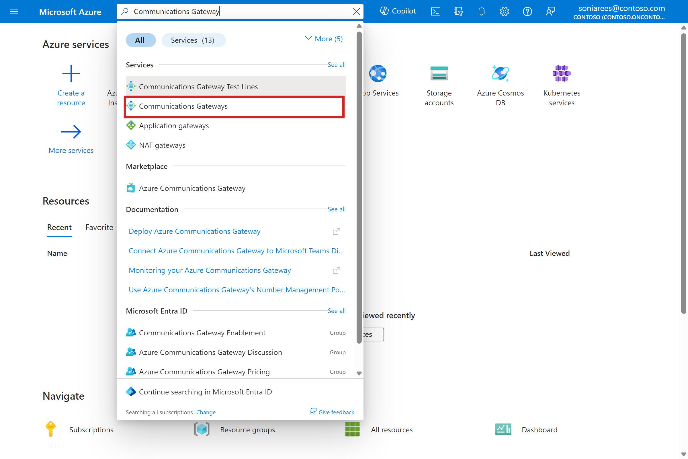 Azure portalının ekran görüntüsü. Azure Communications Gateway aramasının sonuçlarını gösterir.